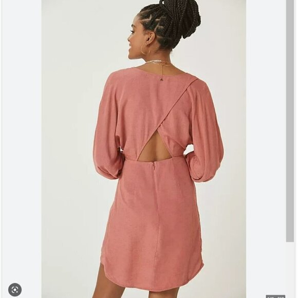 Anthropologie NWT Puff Sleeve Wrap Mini Dress Linen Blend Tie Front Pink Size 8 - Picture 16 of 16